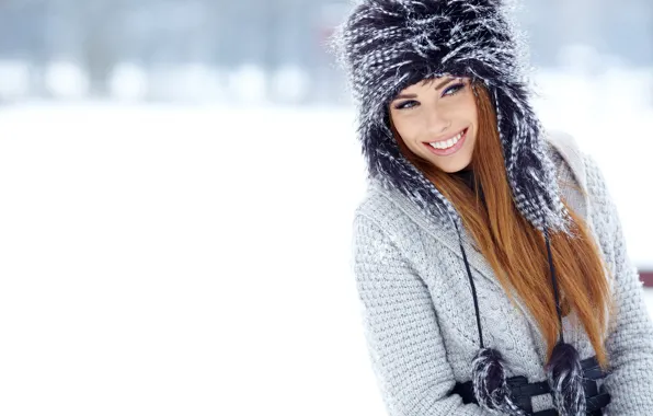 Picture winter, snow, smile, background, hat, portrait, makeup, hairstyle, fur, brown hair, beauty, bokeh, Izabela Magician