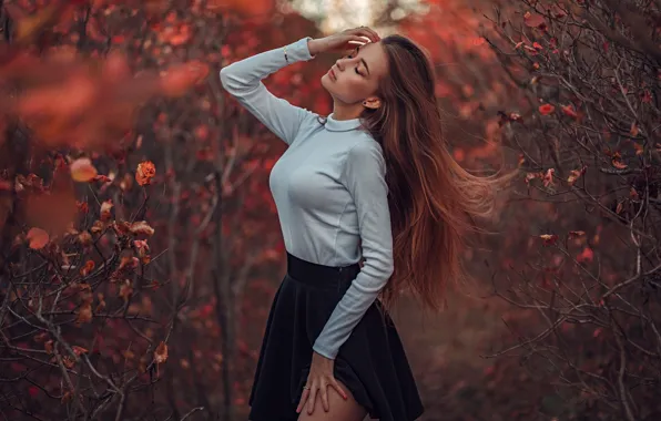 Picture autumn, girl, branches, pose, mood, long hair, closed eyes, Gregory Levin