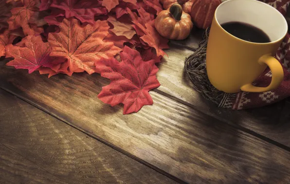 Picture autumn, leaves, background, tree, coffee, colorful, scarf, Cup, Board, wood, background, autumn, leaves, cup, coffee, …