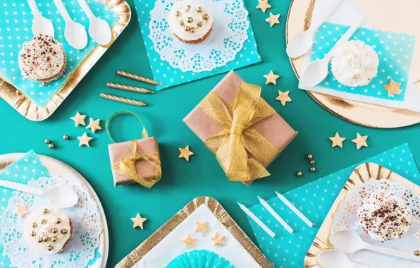 Picture background, blue, gifts, dessert, decor, Cake, Birthday, Birthday, Gift box