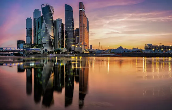 Picture sunset, reflection, river, building, Moscow, Russia, skyscrapers, Moscow-City, The Moscow river, Presnenskaya Naberezhnaya