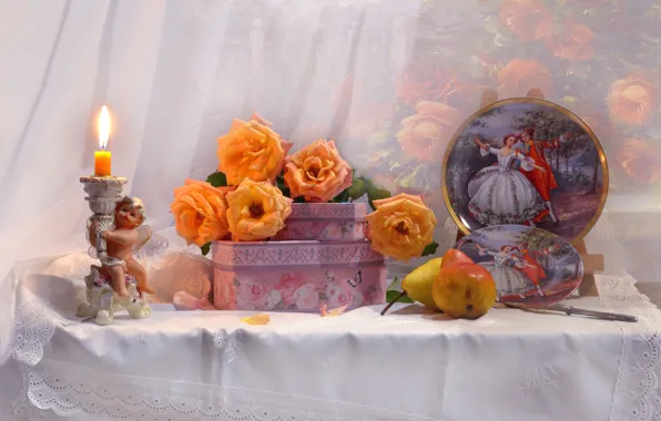 Picture flowers, table, roses, candle, angel, knife, plates, fruit, still life, pear, box, Valentina Fencing