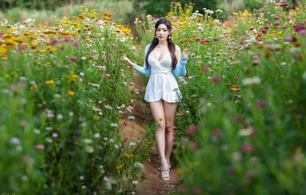 Picture look, flowers, sexy, pose, model, portrait, makeup, figure, dress, brunette, hairstyle, legs, Asian, is, jacket, …