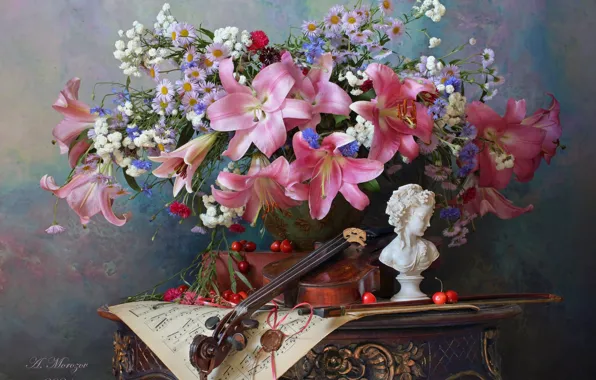 Picture flowers, style, berries, notes, violin, Lily, bouquet, figurine, still life, cherry, cornflowers, Andrey Morozov