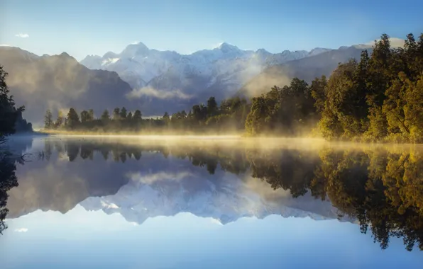 Picture forest, landscape, mountains, nature, fog, lake, reflection, morning, New Zealand, Bank, mount cook, Mount cook, …