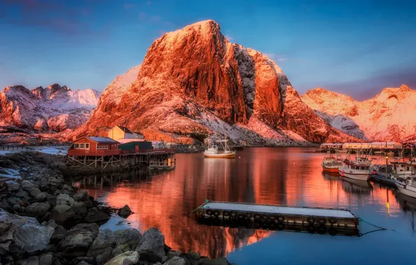 Picture mountains, ships, village, port, Norway, Norway, the fjord, Lofoten, The Lofoten Islands, Lofoten, Hamnøy, Hamnøy, …