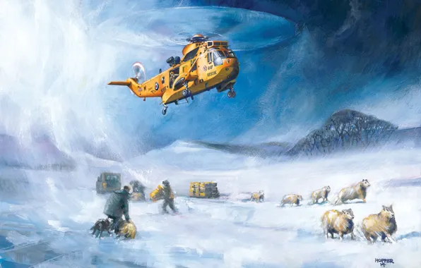 Picture snow, figure, helicopter, rescuers, RAF, Sea King, Westland