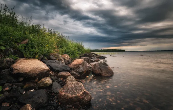 Picture grass, landscape, clouds, nature, lake, stones, Bank, Karelia, Lake Onega
