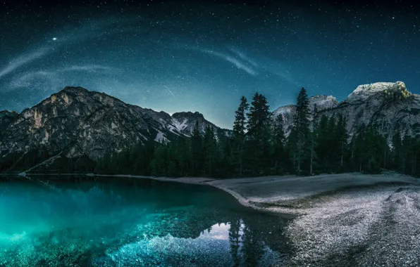 Picture forest, landscape, mountains, night, nature, lake, stars, Italy, The Dolomites