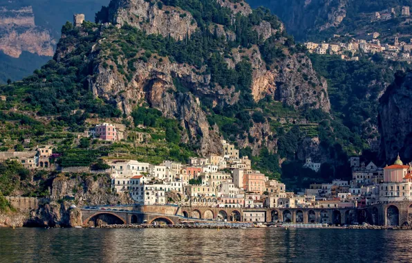 Picture city, sea, landscape, Italy, Amalfi, coast, rocks, houses, buildings, bay, cityscape, church, cliff