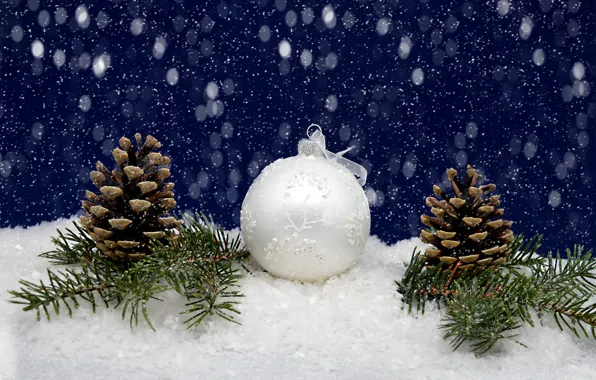 Picture snow, holiday, ball, Christmas, New year, needles, bumps, blue background, Christmas decorations, новогодние декорации