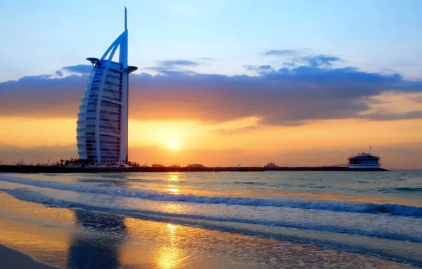Picture city, waves, Dubai, twilight, sky, sea, landscape, sunset, skyscraper, clouds, evening, sun, Burj Al Arab, …