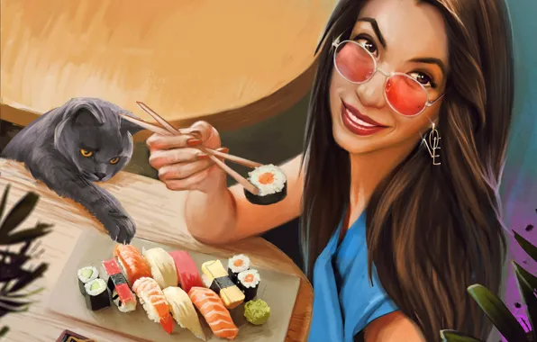 Picture cat, look, girl, smile, glasses, sushi, Kaloyan Stoyanov