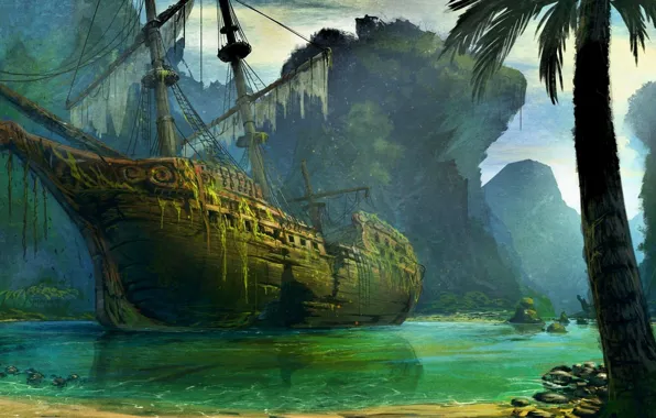 Picture algae, Palma, ship, Bay, abandoned, shipwreck, mysterious, mast, torn sails, rocky shore