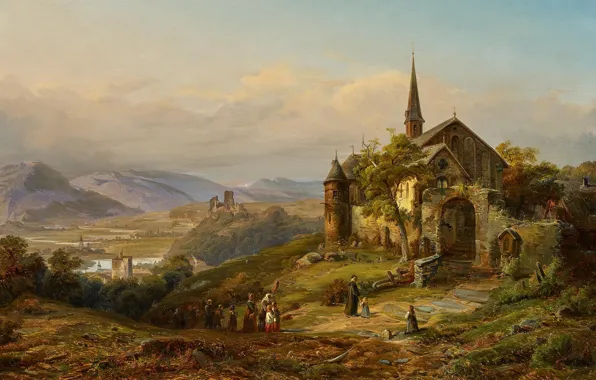 Picture German painter, German painter, oil on canvas, Peter Joseph Minjon, Romantic Rhine Landscape, Romantic Rhine …