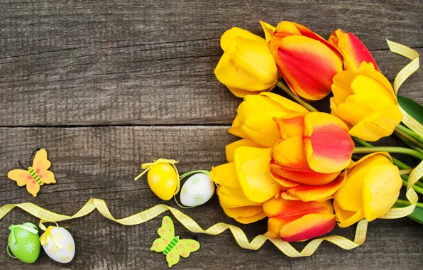Picture flowers, eggs, colorful, Easter, tulips, happy, yellow, wood, flowers, tulips, Easter, purple, eggs, decoration