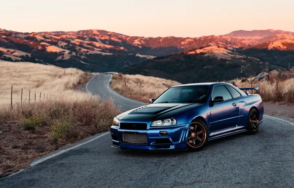 Picture nissan, road, skyline, blue, r34
