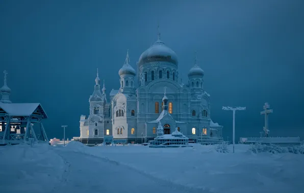 Picture winter, snow, cross, temple, Russia, dome, Perm Krai, White mountain, Belogorsky Nicholas monastery, Holy cross …