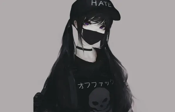 Picture Girl, Art, Anime, Black, Urban, Style, Sake, Hate, Violet, Pretty, T-shirt, Drawing, Cap, Choker, Surgical …