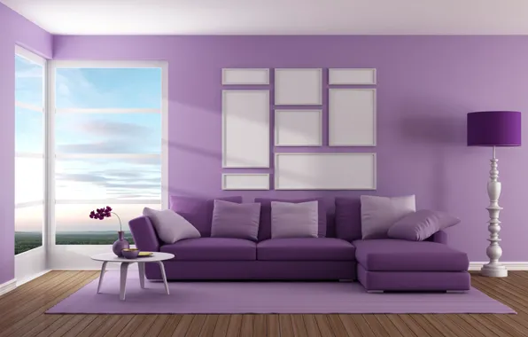 Picture design, sofa, interior, window, living room, purple