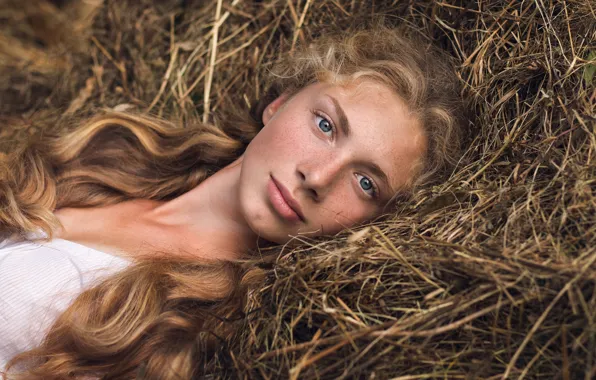 Picture portrait, freckles, sponge, redhead, Garipova Elina, portrait girl summer nature hay view