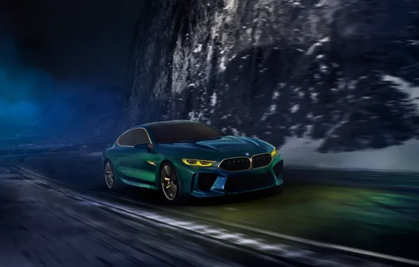 Picture road, night, movement, coupe, BMW, 2018, M8 Gran Coupe Concept