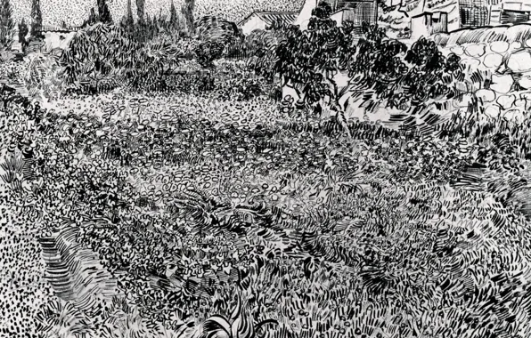 Picture flowers, vegetation, plants, black and white, Vincent van Gogh, Garden with, Flowers 2