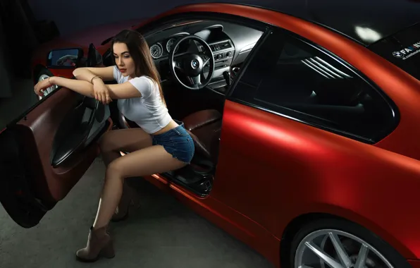 Picture machine, auto, girl, pose, BMW, t-shirt, shorts, door, Sergey Kant