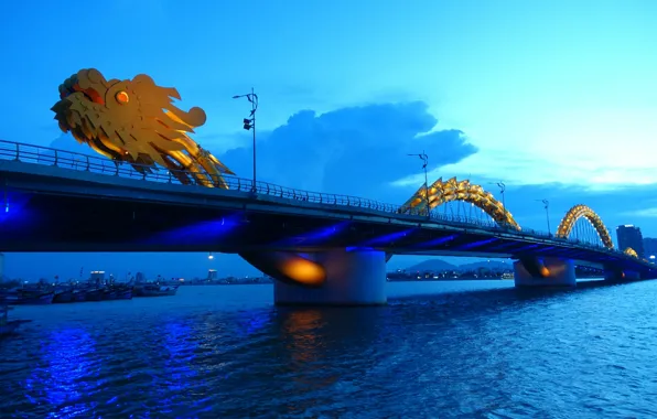 Picture city, lights, twilight, river, sky, bridge, sunset, water, clouds, evening, Vietnam, dragon, architecture, boat, cityscape, …
