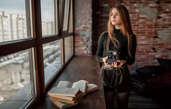 Picture look, girl, books, window, the camera, Polaroid, Alexey Yuriev