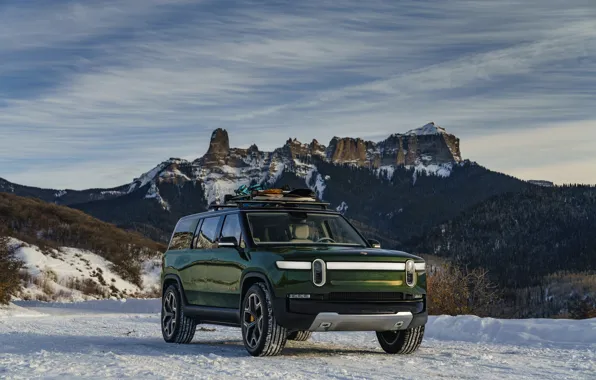 Picture snow, mountains, SUV, 2019, Rivian, R1S