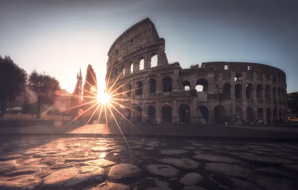 Picture the sun, rays, light, old, the city, the building, morning, area, Rome, Colosseum, Italy, arch, …