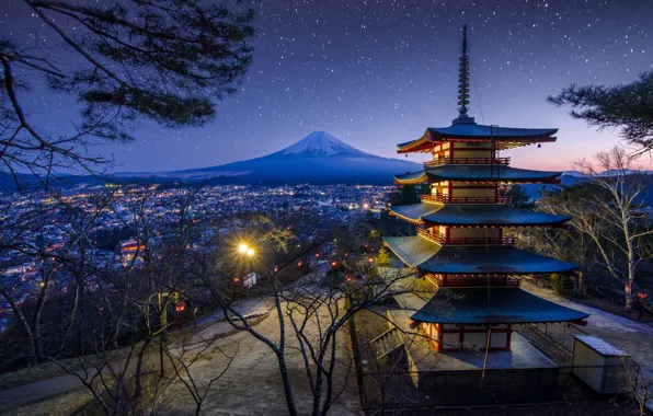 Picture the sky, trees, landscape, night, nature, mountain, spring, stars, the volcano, Japan, lighting, temple, pagoda, …