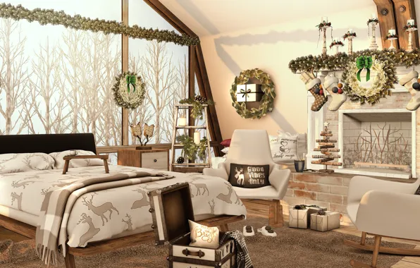 Picture trees, design, room, bed, window, christmas, trees, winter, window, room, bed, 3D graphics, bedroom, christmas …