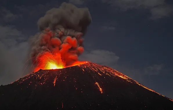 Picture the volcano, Indonesia, the eruption, the island of Anak-Krakatau