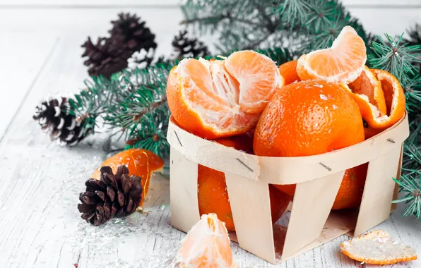 Picture snow, decoration, New Year, Christmas, Christmas, wood, winter, snow, fruit, New Year, tangerines, decoration, tangerine, …