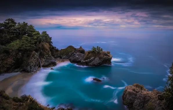 Picture the ocean, rocks, coast, waterfall, Pacific Ocean, California, The Pacific ocean, Big Sur, McWay Falls, …