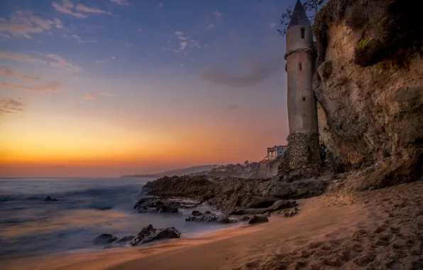 Picture beach, landscape, sunset, nature, rock, stones, the ocean, shore, lighthouse, CA, USA, Victoria Beach