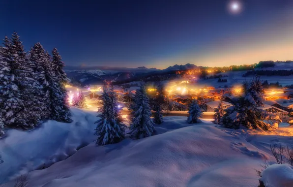 Picture winter, snow, night, lights, France, ate, village, the snow, France, Savoie, Savoie, Ле-Сези, Les Saisies