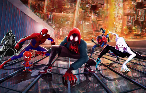 Picture the city, fiction, the building, cartoon, height, art, characters, Spider-man: universes, Spider-Man: Into the Spider-Verse