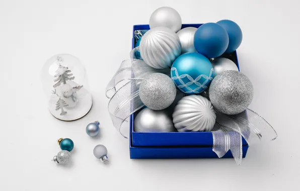 Picture balls, holiday, box, blue, Christmas, New year, snowman, light background, blue, braid, Christmas decorations, souvenir, …