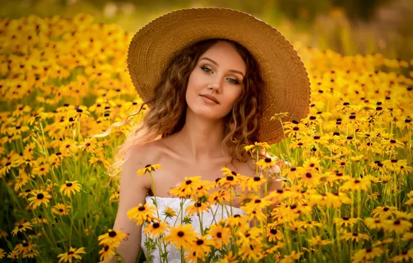 Picture look, girl, flowers, face, mood, hat, curls, rudbeckia, Anastasia Mazzei (Don), Anna Moskvina