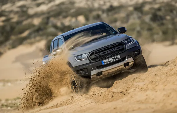 Picture sand, grey, movement, Ford, Raptor, pickup, Ranger, 2019