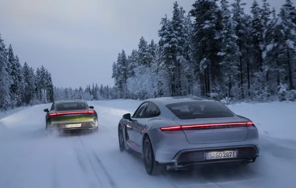 Picture winter, snow, Porsche, on the road, 2020, Taycan, Taycan 4S