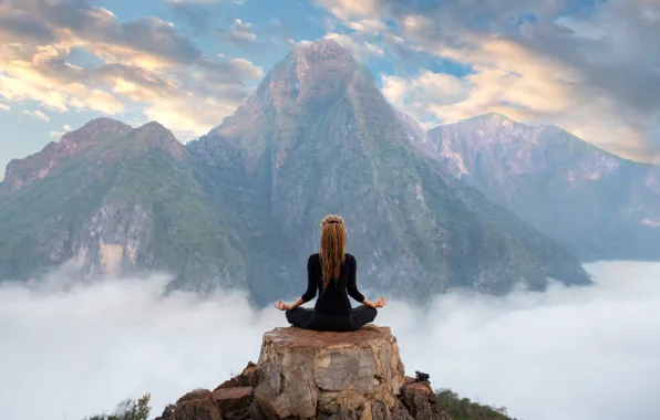 Picture girl, clouds, mountains, relax, meditation, yoga, top, girl, mountains, clouds, the Lotus position, yoga, meditation, …