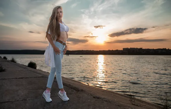 Picture the sky, look, the sun, sunset, pose, river, model, portrait, jeans, the evening, makeup, figure, …