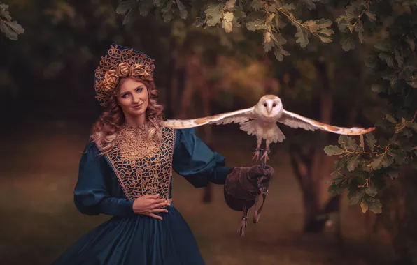 Picture girl, branches, style, owl, bird, dress, curls, the barn owl, kokoshnik, Monika Lisowska