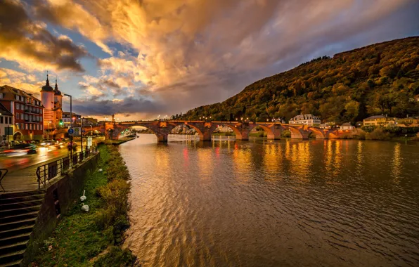 Picture bridge, the city, river, street, building, the evening, Germany, lighting, hill, Heidelberg, Heidelberg, Kristian Karaneshev