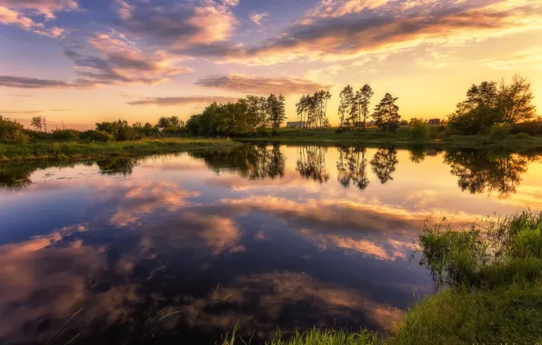 Picture summer, trees, sunset, nature, reflection, river, Alexey Malygin