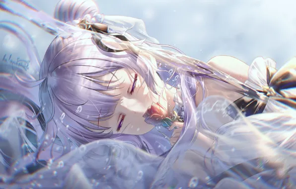 Picture girl, red rose, water drops, closed eyes, bangs, transparent fabric, lilac hair, Azur Lane, the …